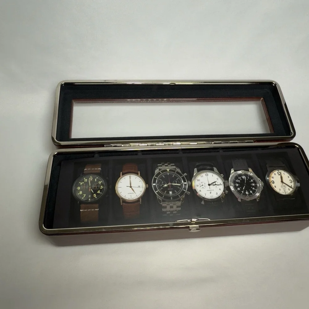 Woodbury 6 Pcs Brown Leather Watch Case Built In Polished Nickel Frame - Father